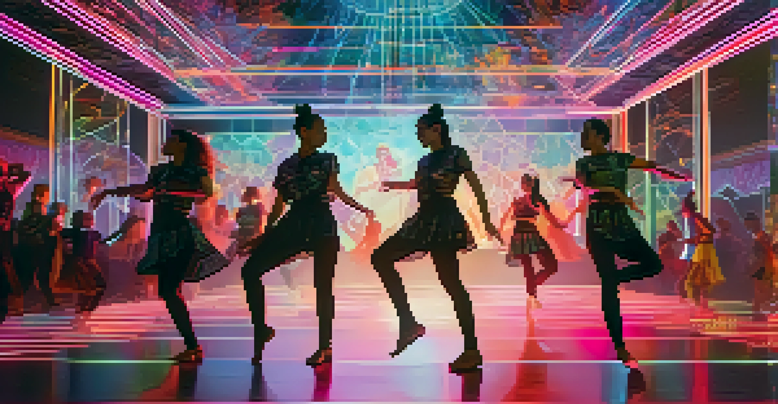 A digital dance performance in virtual reality featuring dancers surrounded by holographic visuals that combine Eastern and Western dance elements.