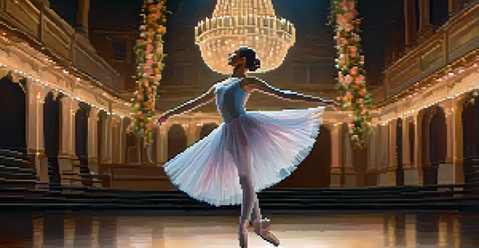 A ballet dancer in a pastel tutu performing on a dimly lit stage with floral decorations.