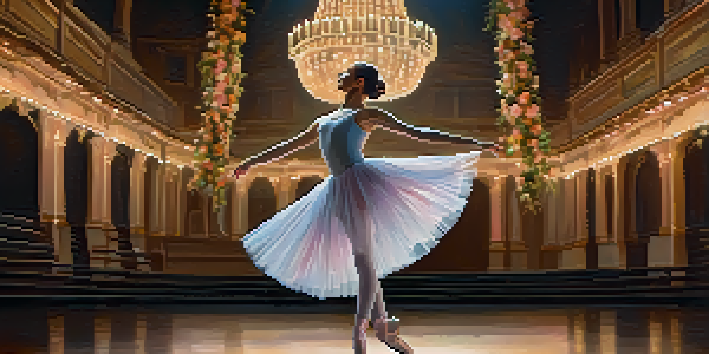 A ballet dancer in a pastel tutu performing on a dimly lit stage with floral decorations.