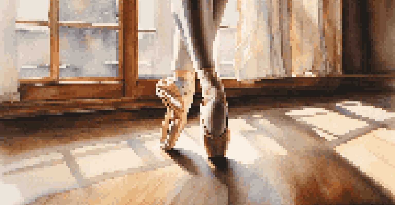 A close-up of ballet shoes on a wooden dance studio floor, illuminated by sunlight streaming through the windows.