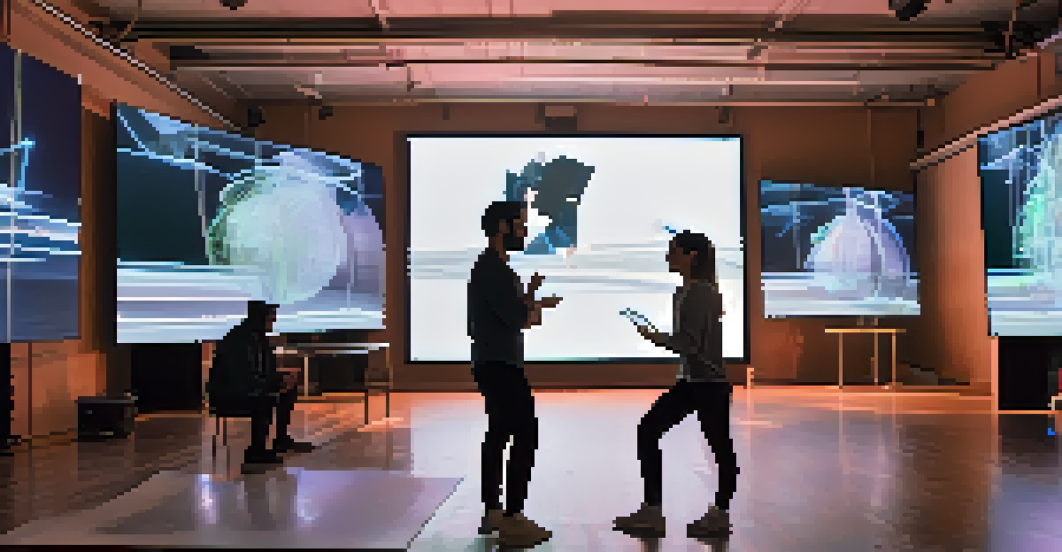 A choreographer and a tech developer collaborating in a studio, surrounded by screens with digital dance visuals.