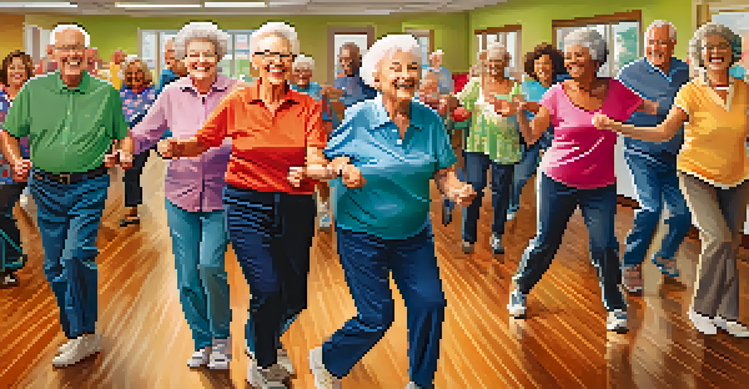 A group of seniors participating in a lively line dancing class at a community center, filled with joy and energy.
