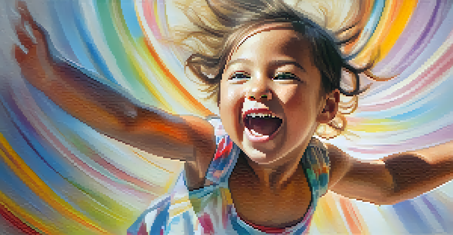 A joyful child spinning in circles, their face expressing happiness, with a blurred colorful background representing movement and energy.