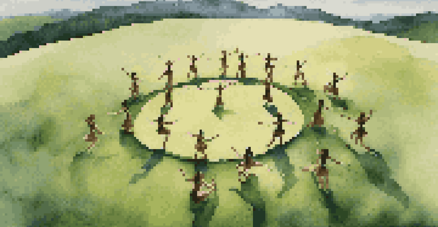 Aerial view of dancers in a circle in a green meadow with mountains in the background.