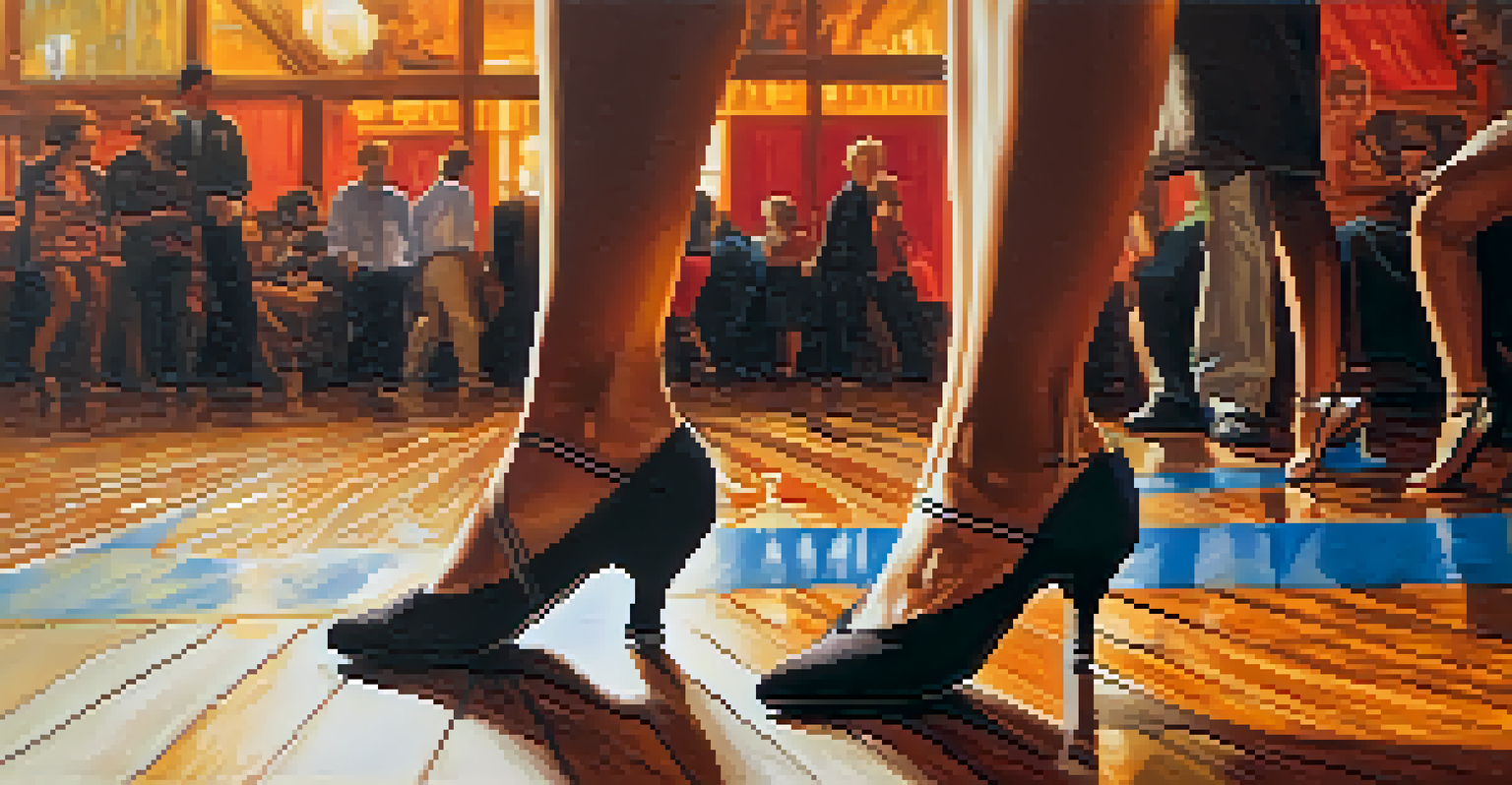 Close-up of a dancer's feet performing intricate salsa footwork on a wooden floor with warm lighting.