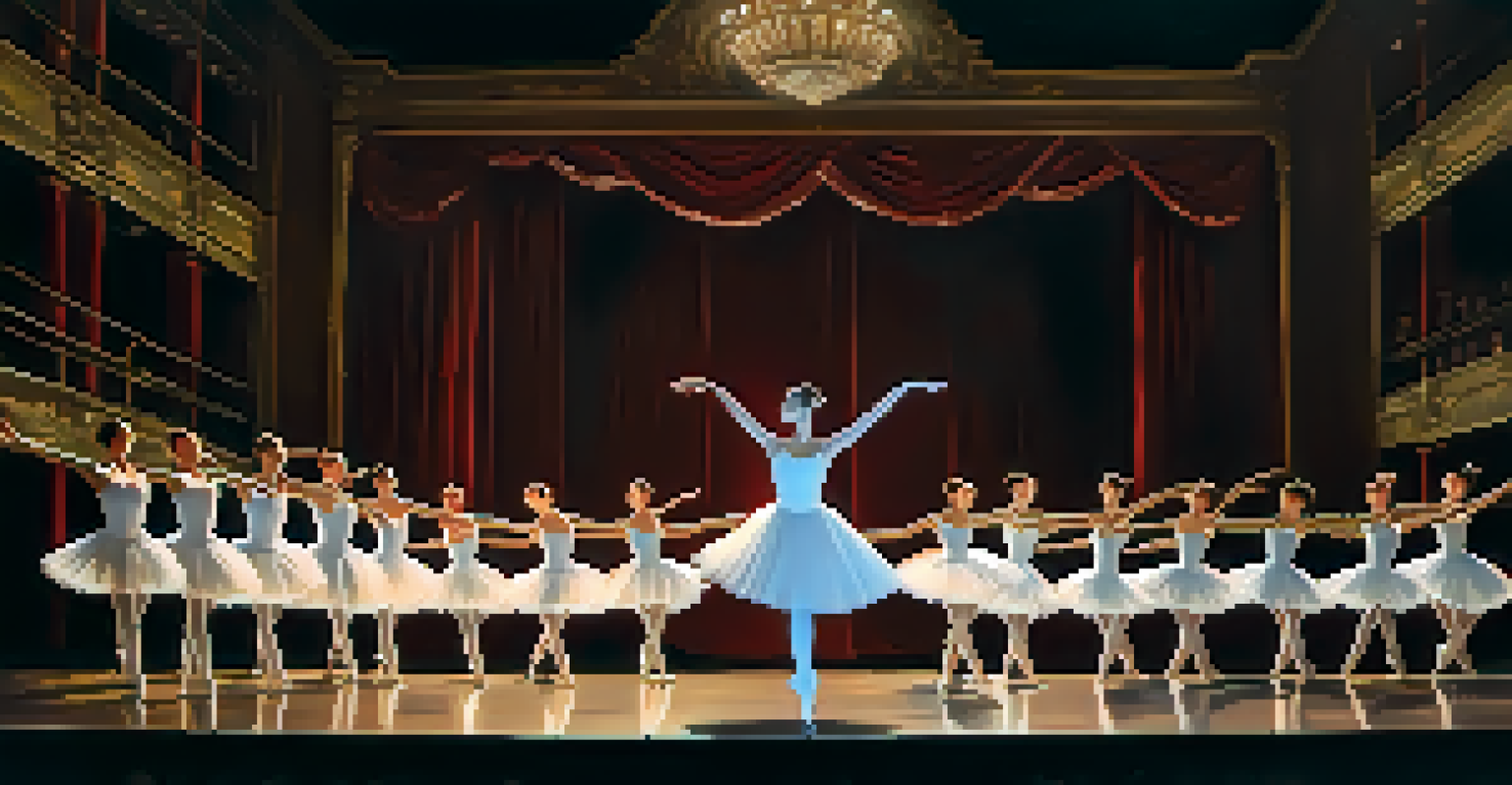A ballerina in a white tutu performing on stage under soft spotlighting, with red curtains in the background.