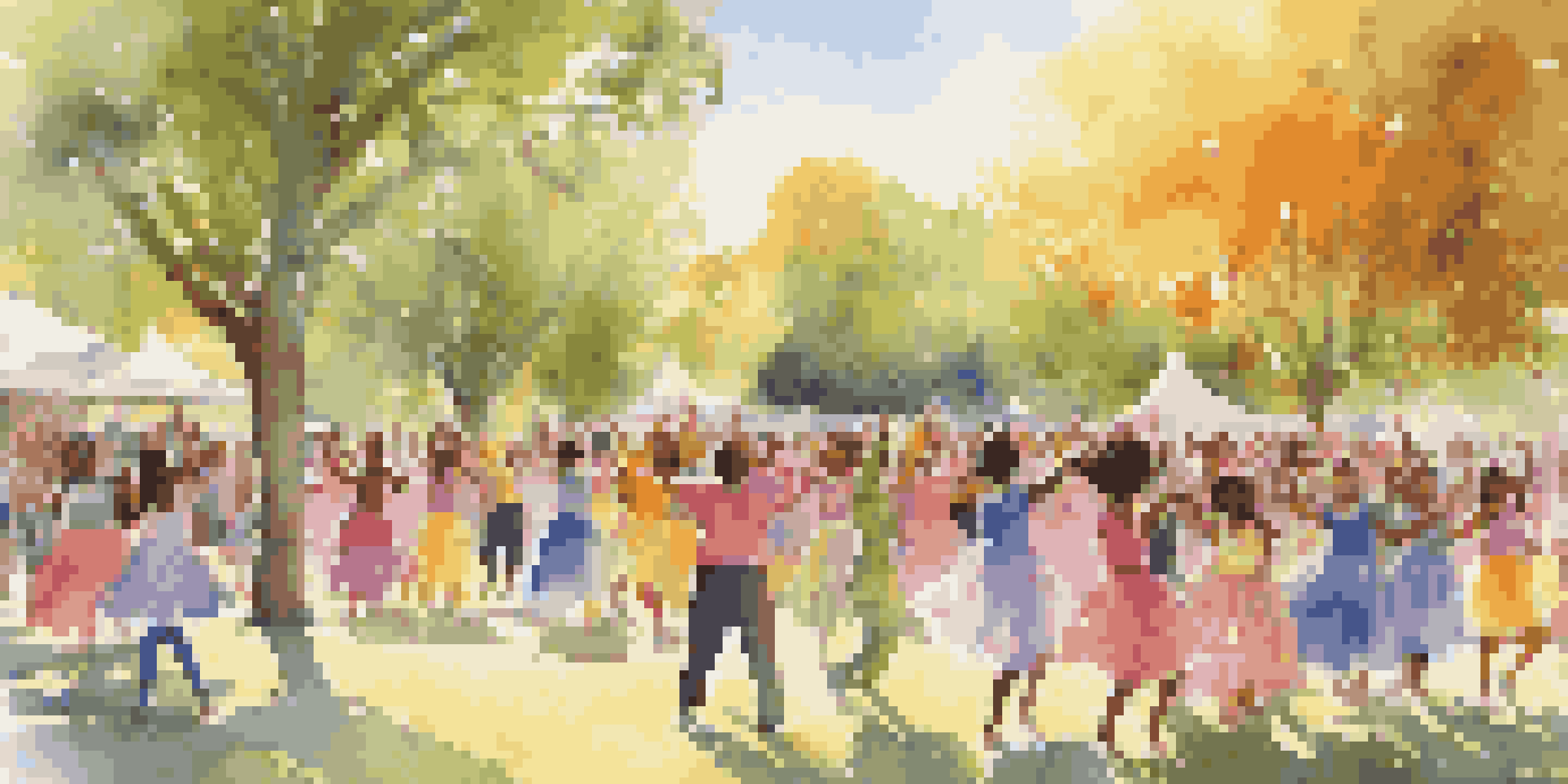 A lively outdoor dance event with young dancers in colorful costumes, surrounded by an enthusiastic audience in a sunny park.