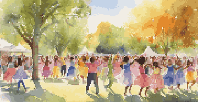 A lively outdoor dance event with young dancers in colorful costumes, surrounded by an enthusiastic audience in a sunny park.