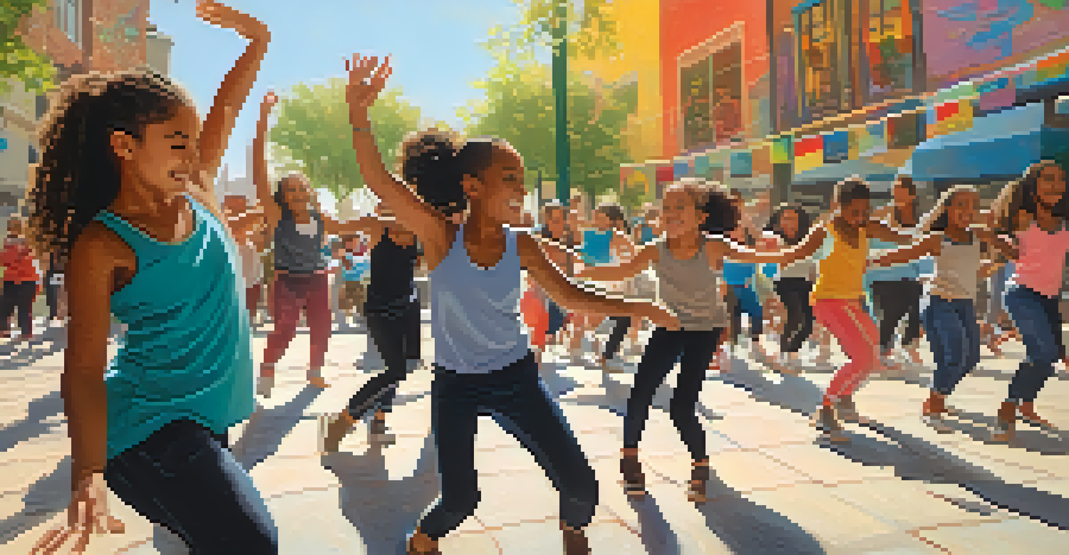A local artist teaching a diverse group of young dancers in a community plaza, surrounded by colorful banners.
