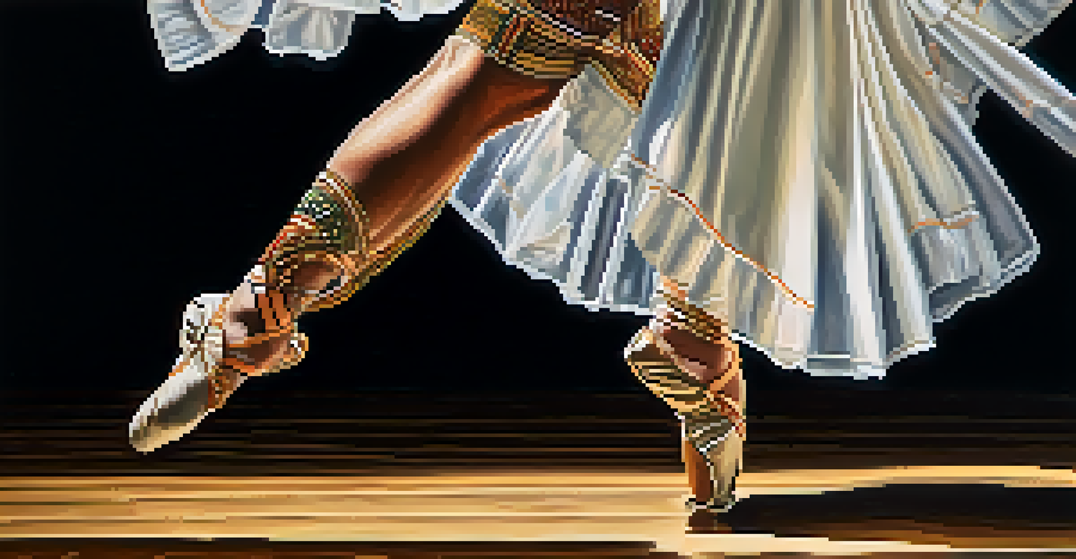 Close-up of a dancer's feet in traditional footwear performing on a wooden stage with detailed textures.