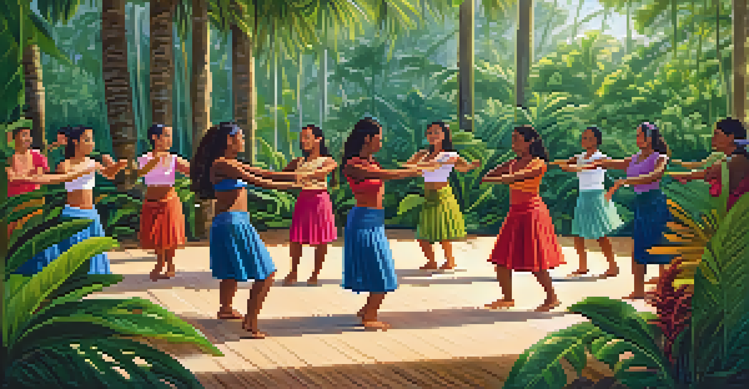 A Hawaiian dance workshop with a native instructor teaching traditional hula to diverse students in a lush tropical setting, with sunlight streaming through the trees.