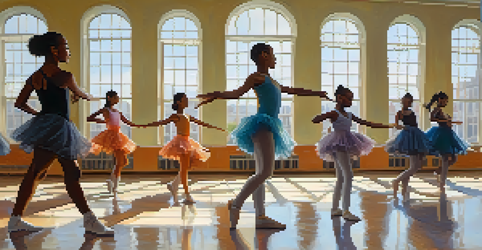 A diverse group of young dancers rehearsing in a bright studio with mirrors and sunlight streaming in through windows.