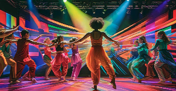 An interactive dance performance with audience members participating, surrounded by colorful digital projections and dancers in flowing costumes under dynamic lighting.