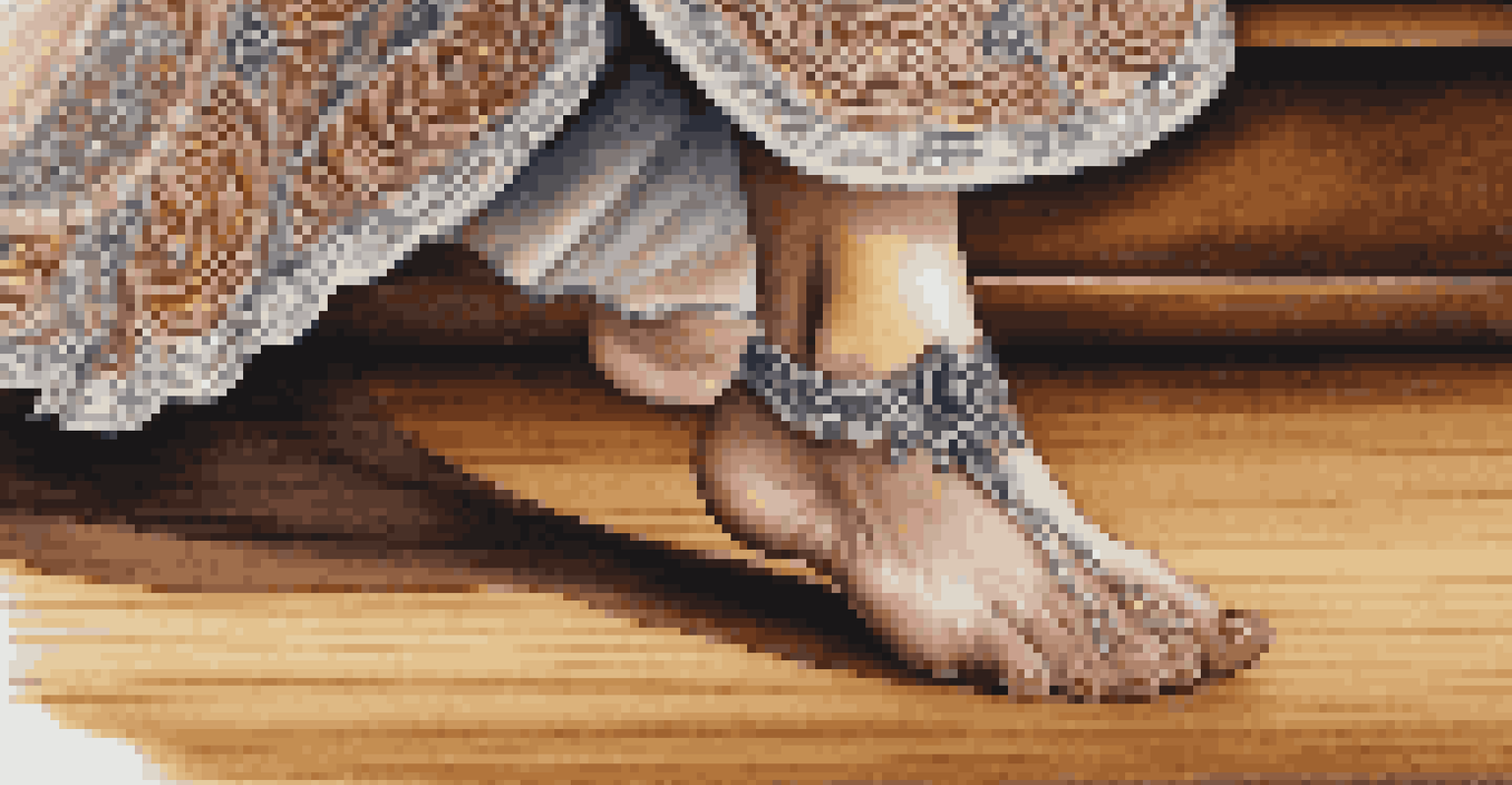 A detailed view of a dancer's feet performing traditional dance on a patterned wooden stage, showcasing the texture of the attire and soft lighting effects.