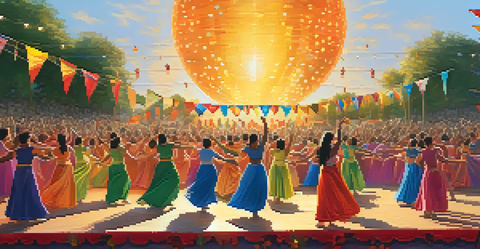 An outdoor dance festival with diverse performers on stage, colorful banners, and an engaged audience enjoying the performances.