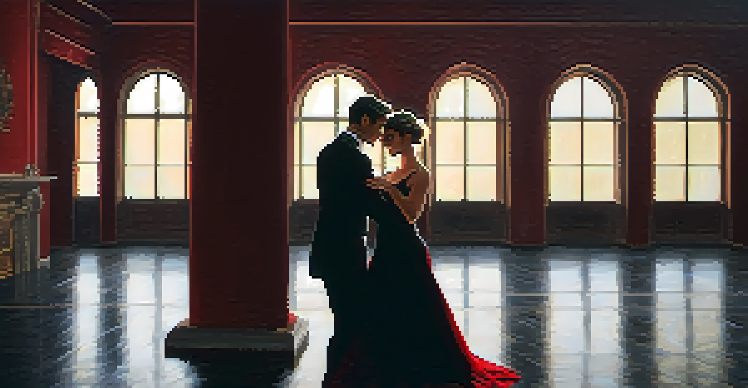 Two dancers in an intimate embrace, performing a duet in a dimly lit room illuminated by candlelight, wearing deep red and black costumes.