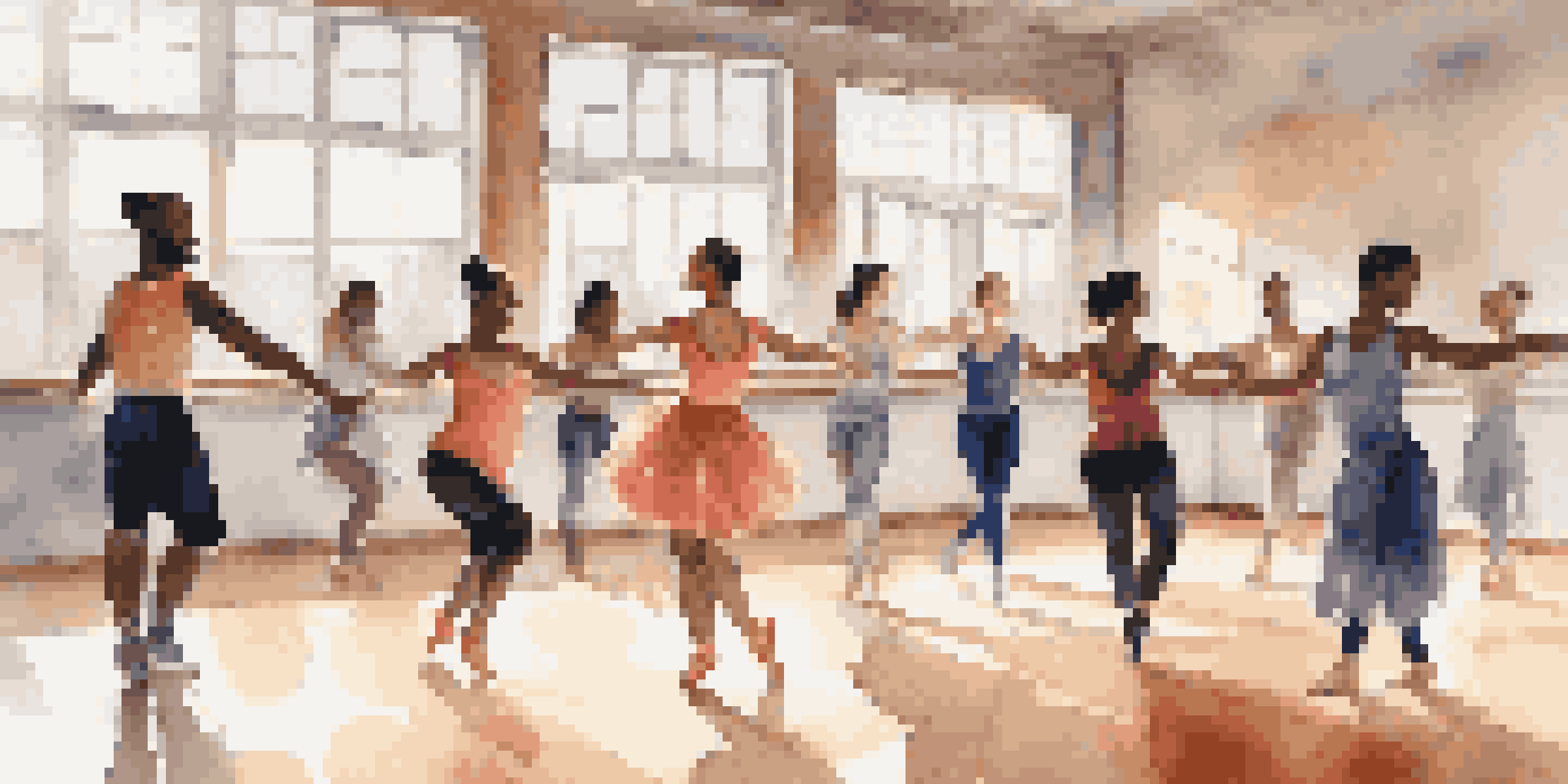A diverse group of dancers in a bright dance studio, enjoying a recreational dance class together.