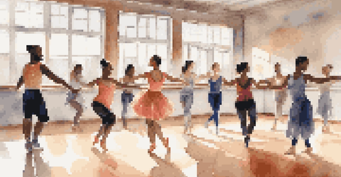 A diverse group of dancers in a bright dance studio, enjoying a recreational dance class together.