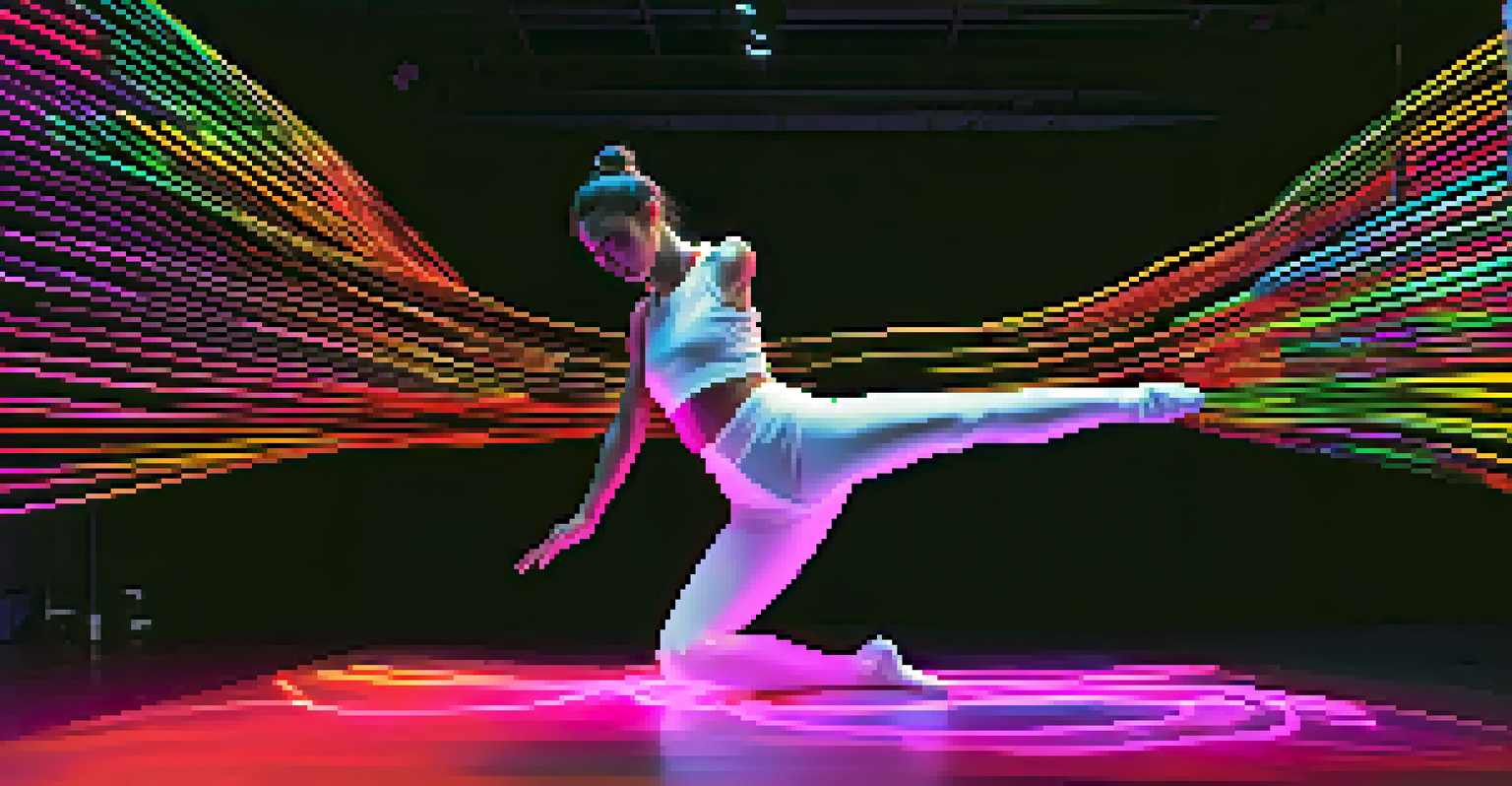 A dancer interacting with augmented reality visuals in a dark setting, illuminated by bright neon colors, showcasing innovative performance art.