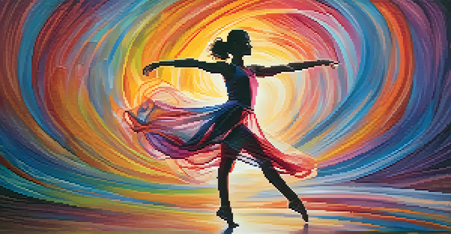 An abstract representation of emotions expressed through dance, featuring a silhouette of a dancer amidst colorful swirls symbolizing various feelings.