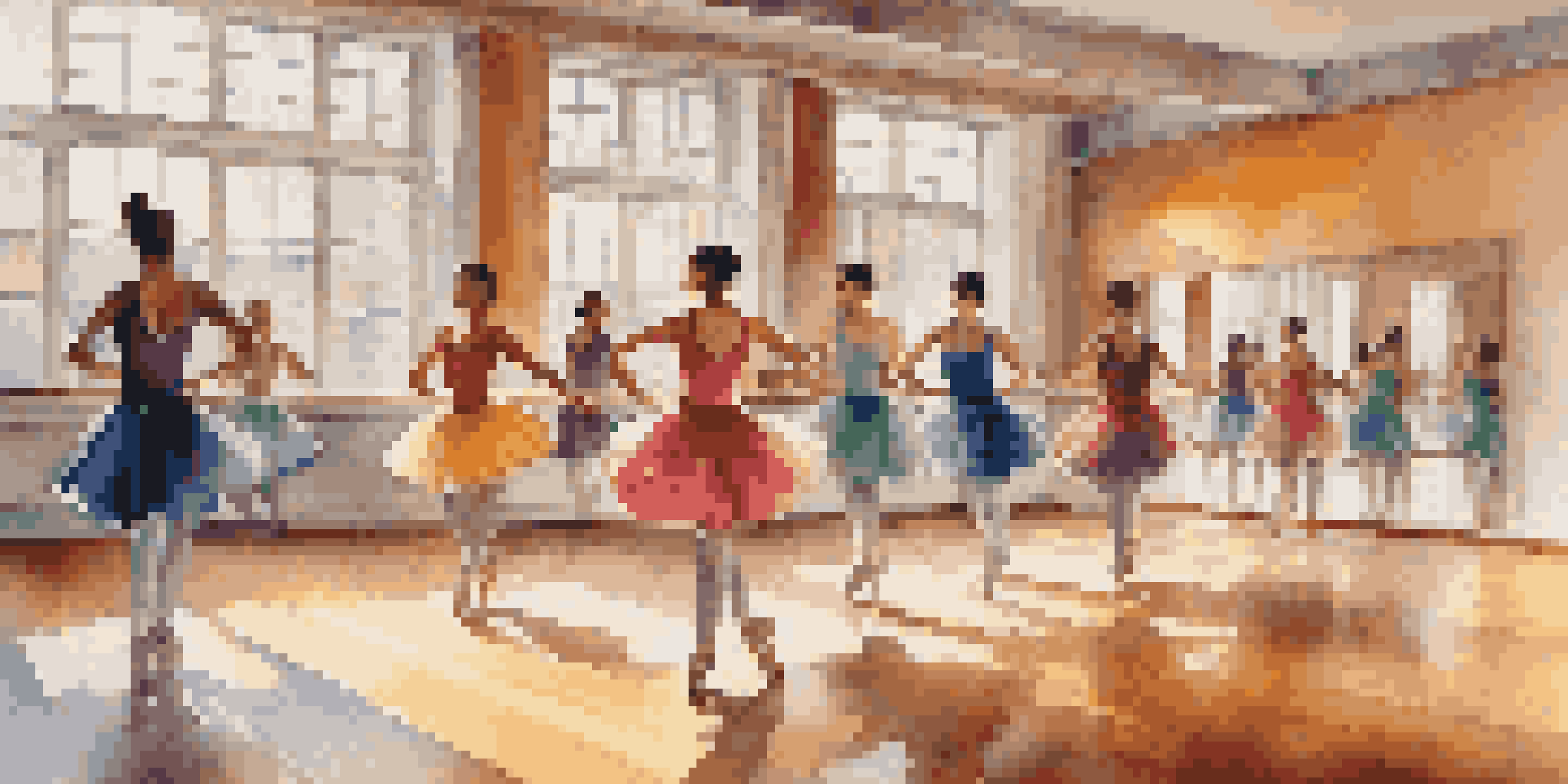 A lively dance studio with dancers in colorful outfits performing, illuminated by natural light.