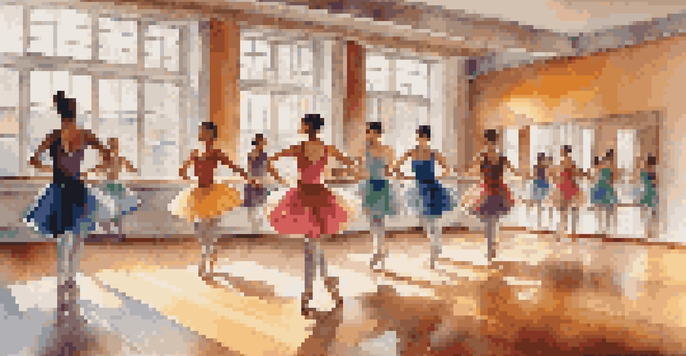 A lively dance studio with dancers in colorful outfits performing, illuminated by natural light.