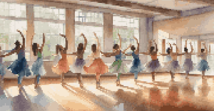 A dance studio filled with natural light, where diverse dancers practice mindfulness with arms raised and eyes closed, creating a tranquil and focused environment.