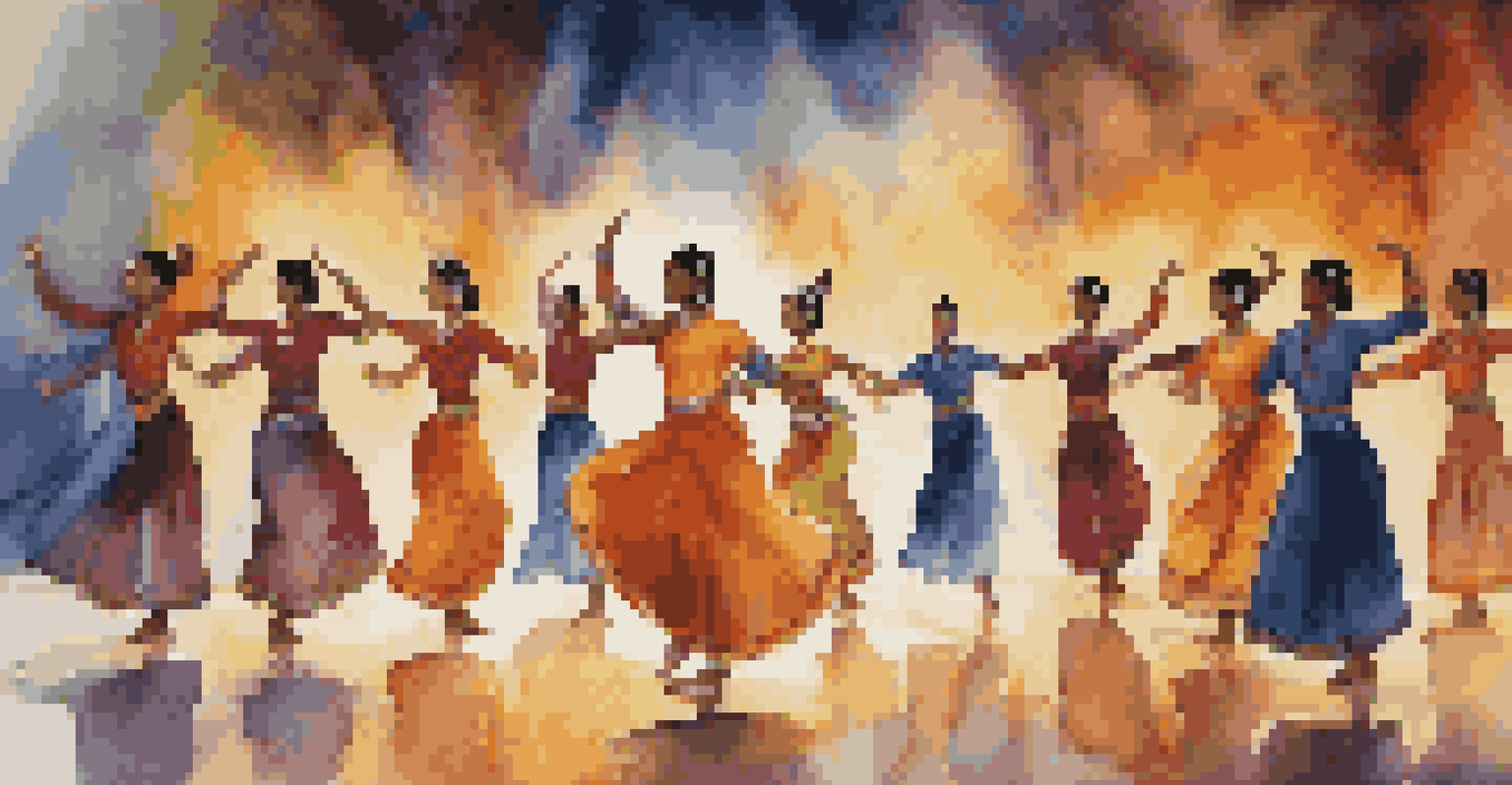 Dancers performing a fusion of traditional Indian Kathak and contemporary dance styles, with vibrant stage lights and an engaged audience.