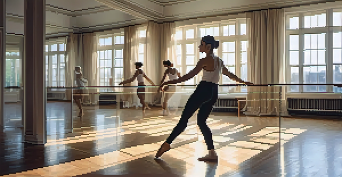 A choreographer demonstrating a dance move in a sunlit studio, surrounded by mirrors and dance sketches.