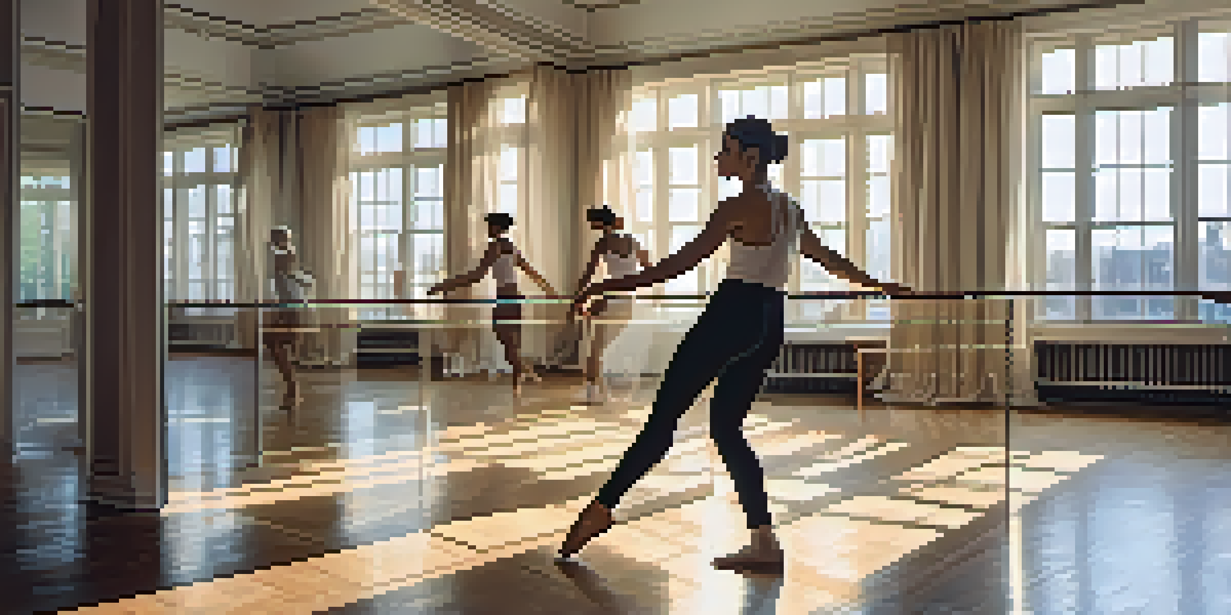 A choreographer demonstrating a dance move in a sunlit studio, surrounded by mirrors and dance sketches.