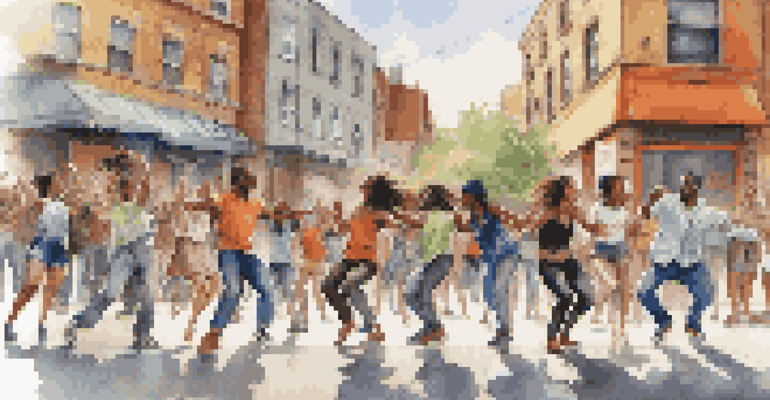 A group of street dancers performing on a city sidewalk, surrounded by graffiti art and an audience of onlookers.
