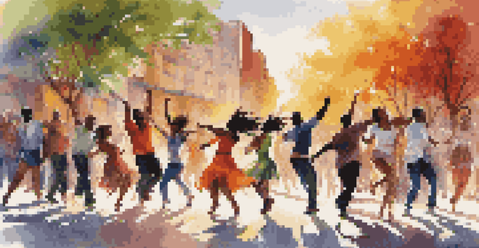 A lively group of dancers performing in an urban setting, surrounded by colorful street art and warm sunlight.