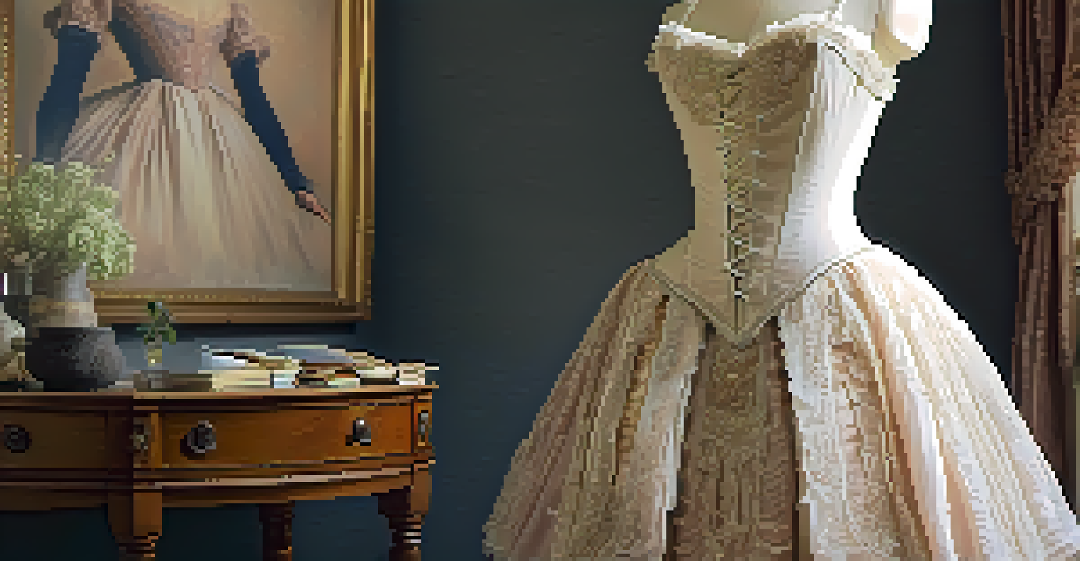 A Victorian-era ballet costume with intricate lace and embroidery, displayed on a mannequin in a softly lit studio.