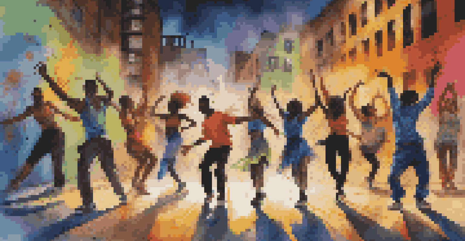 A contemporary dance performance in an urban setting with dancers against graffiti-covered walls, showcasing vibrant street art.