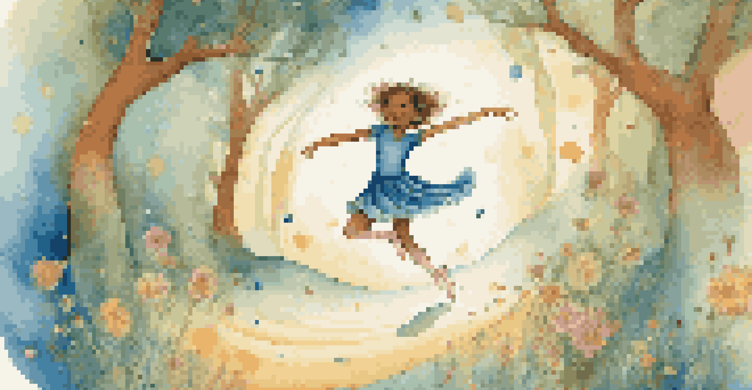 An illustration of a shy character dancing in a whimsical setting, experiencing a transformation from awkwardness to confidence.