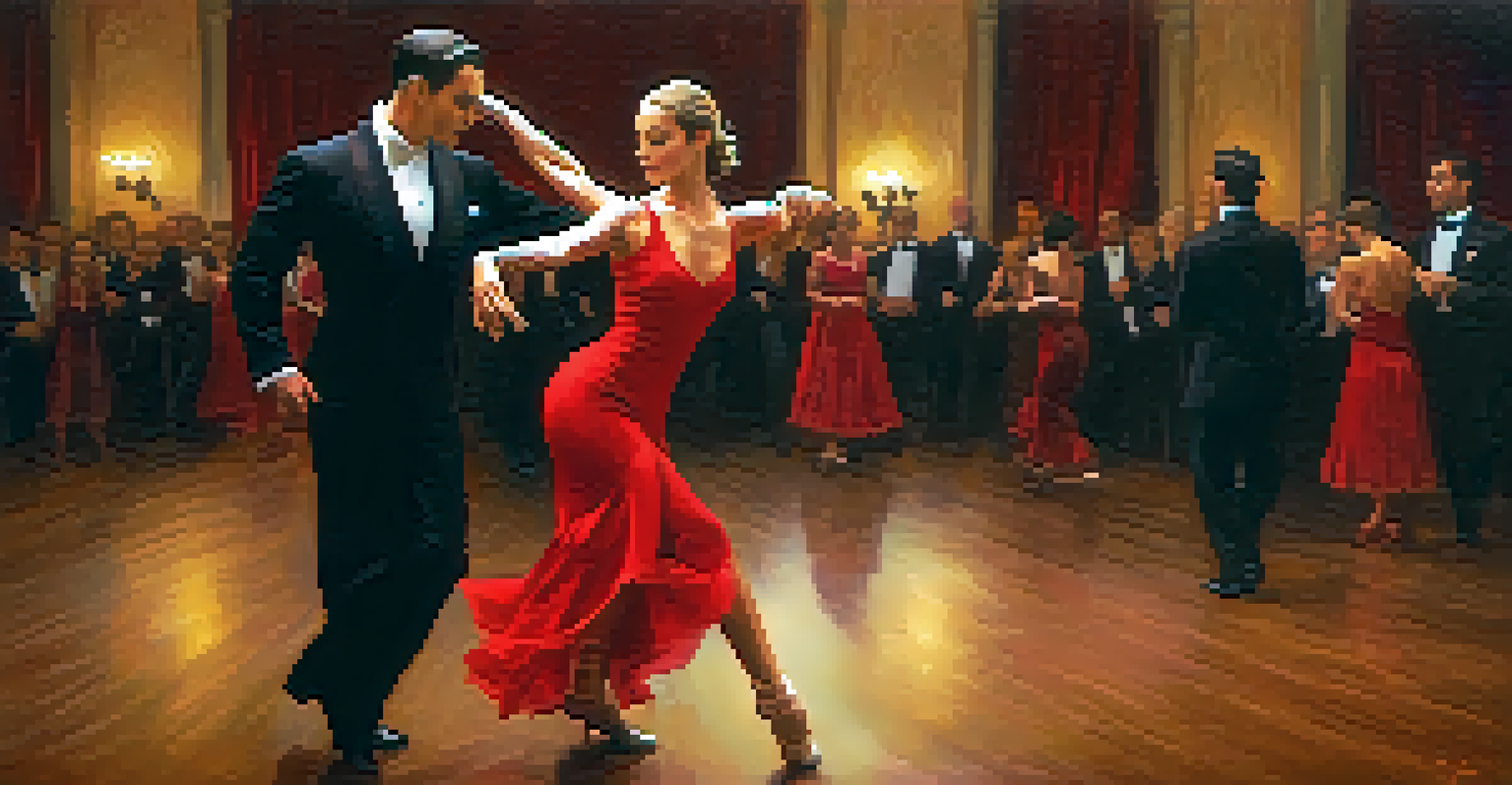 Close-up of a couple performing tango with intricate footwork in an intimate, softly lit setting.