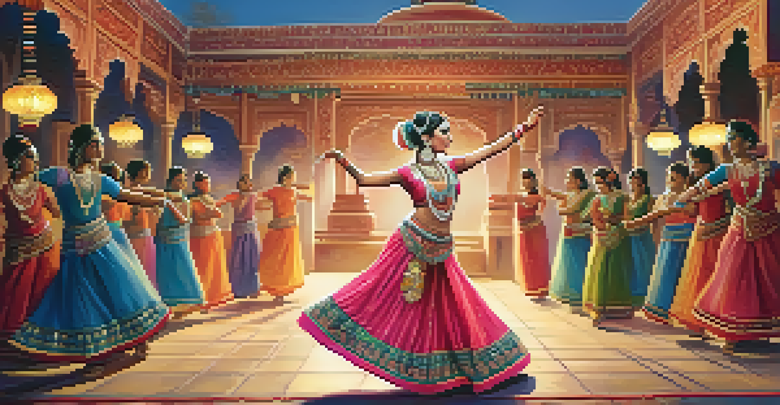 A dancer in traditional Indian attire performing in a beautifully decorated space with soft lighting.