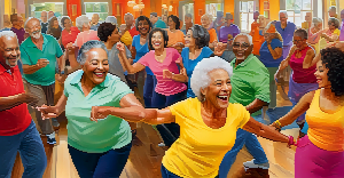 A lively dance class with older adults enjoying a salsa session, showcasing colorful attire and joyful expressions in a warm, well-lit room.