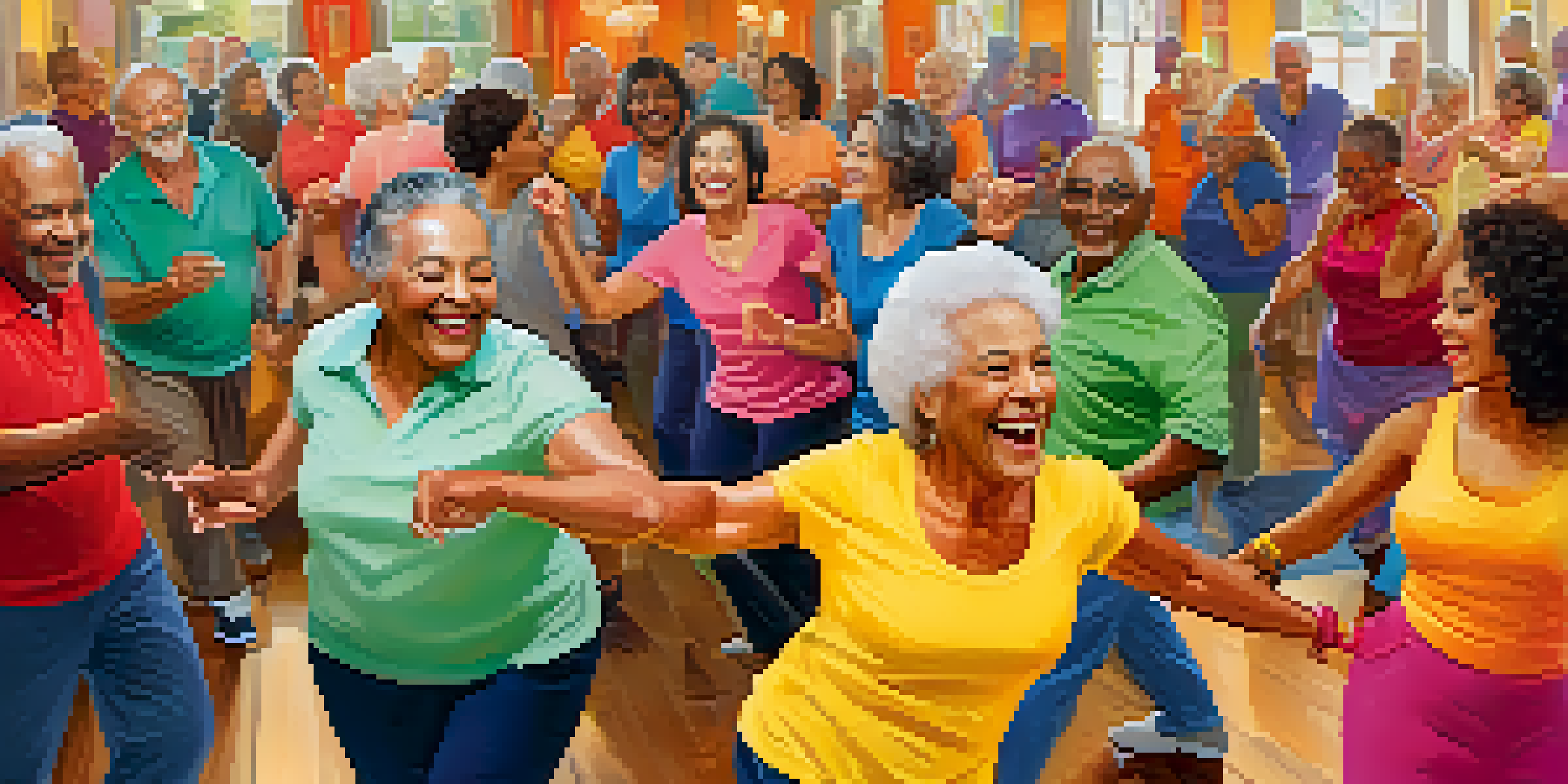 A lively dance class with older adults enjoying a salsa session, showcasing colorful attire and joyful expressions in a warm, well-lit room.