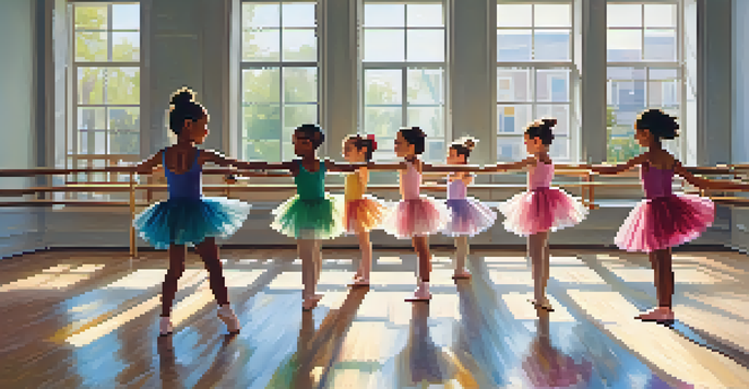 A vibrant dance class with children practicing ballet in a sunlit studio, wearing colorful outfits and showing expressions of joy.