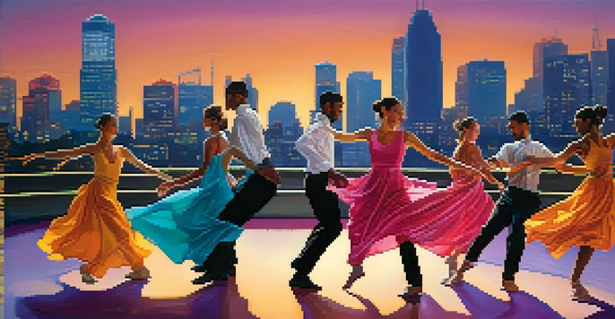A diverse group of dancers performing in an urban setting, illuminated by colorful stage lights, showcasing fluid movements and a blend of masculine and feminine styles.