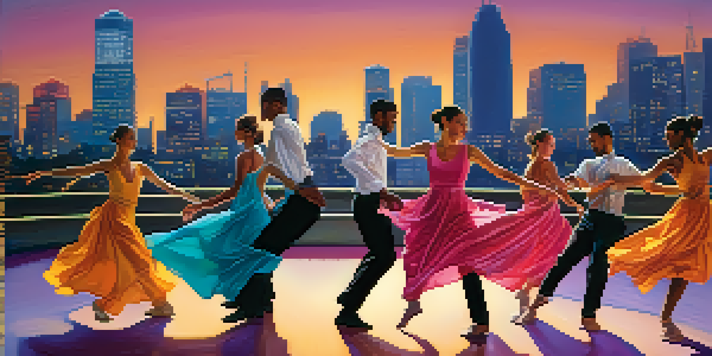 A diverse group of dancers performing in an urban setting, illuminated by colorful stage lights, showcasing fluid movements and a blend of masculine and feminine styles.