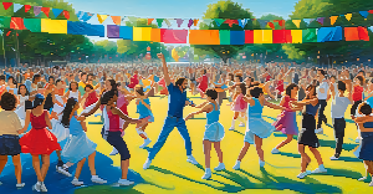 An outdoor community dance event in a park with neurodiverse dancers performing on stage, while an engaged audience watches in joy.