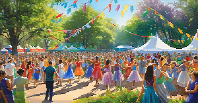A lively dance festival in a park with dancers of different ages and styles, surrounded by an engaged audience and colorful decorations.