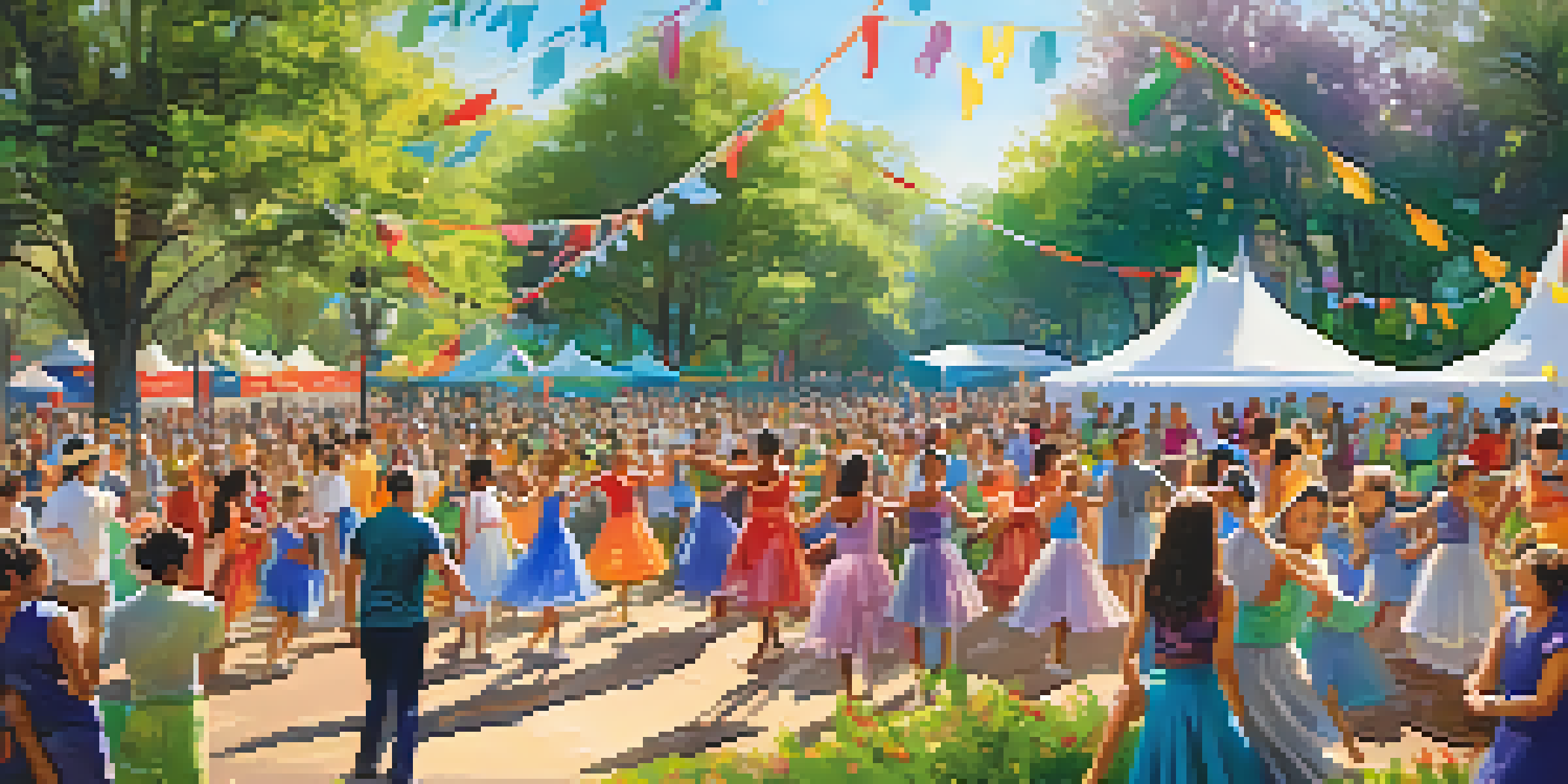 A lively dance festival in a park with dancers of different ages and styles, surrounded by an engaged audience and colorful decorations.
