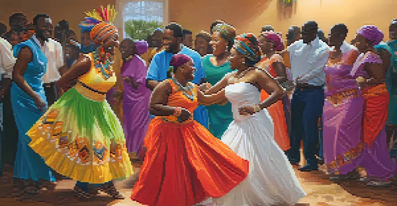 A joyful African wedding dance with a couple surrounded by family and friends, wearing colorful traditional attire in a decorated setting.
