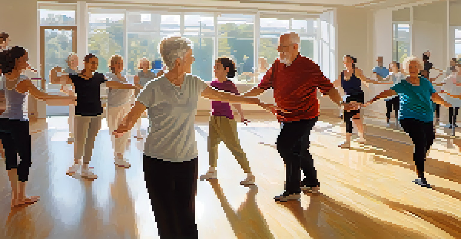 A close-up of a dance instructor demonstrating steps to a diverse group of participants, including a young girl and an elderly man, in a bright and welcoming studio.