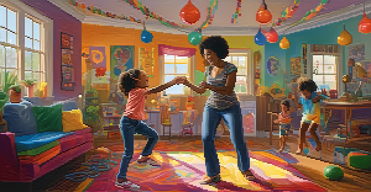 A parent and child enjoying a dance party indoors, surrounded by colorful lights and musical instruments, radiating happiness and connection.