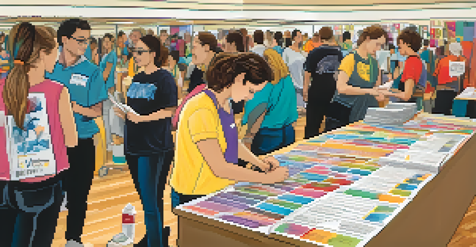 A registration desk bustling with volunteers and participants at a dance competition, decorated with dance-themed items.