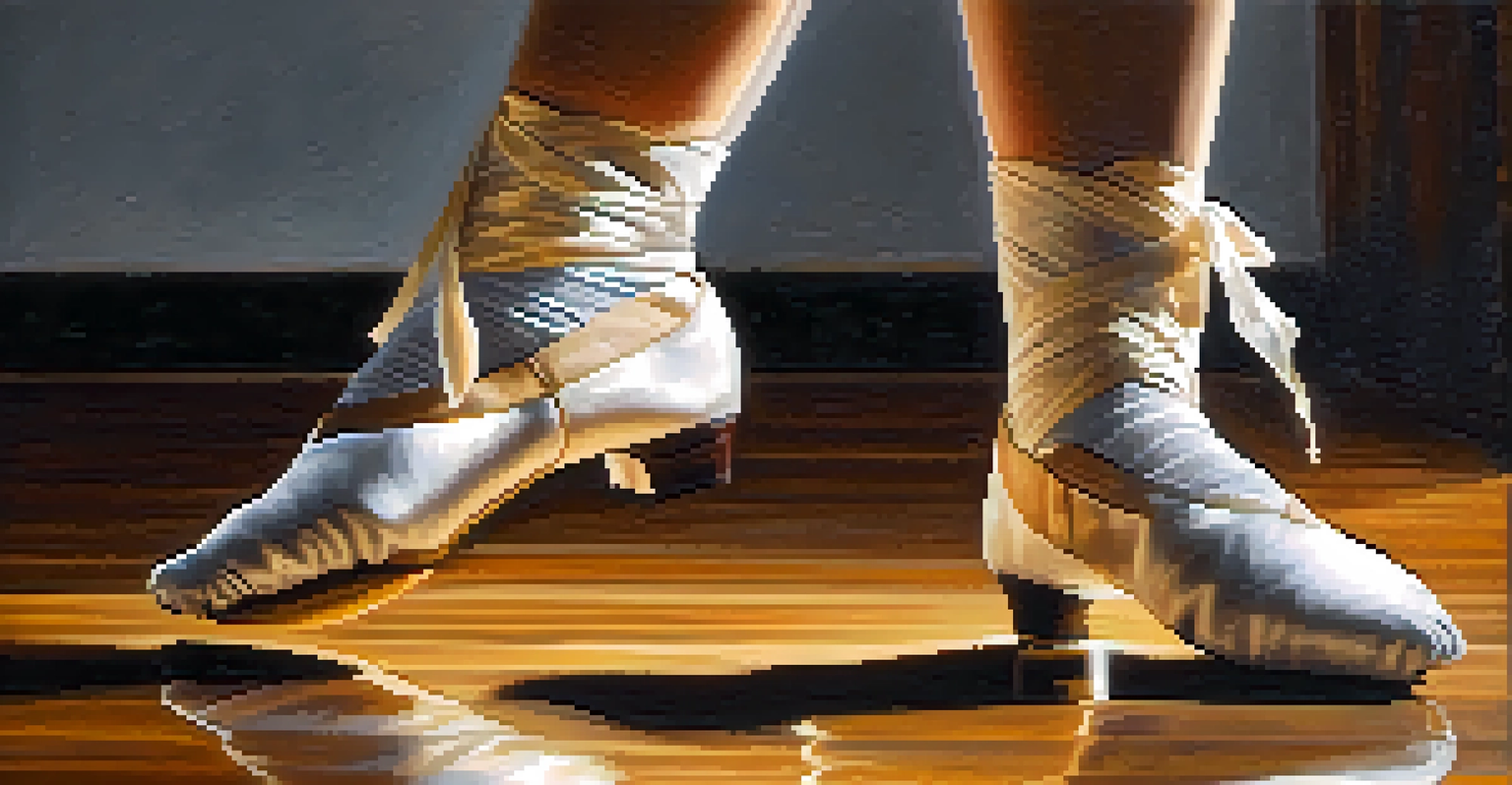 Close-up of a dancer's feet in motion on a wooden stage, highlighting the elegance of their movements.